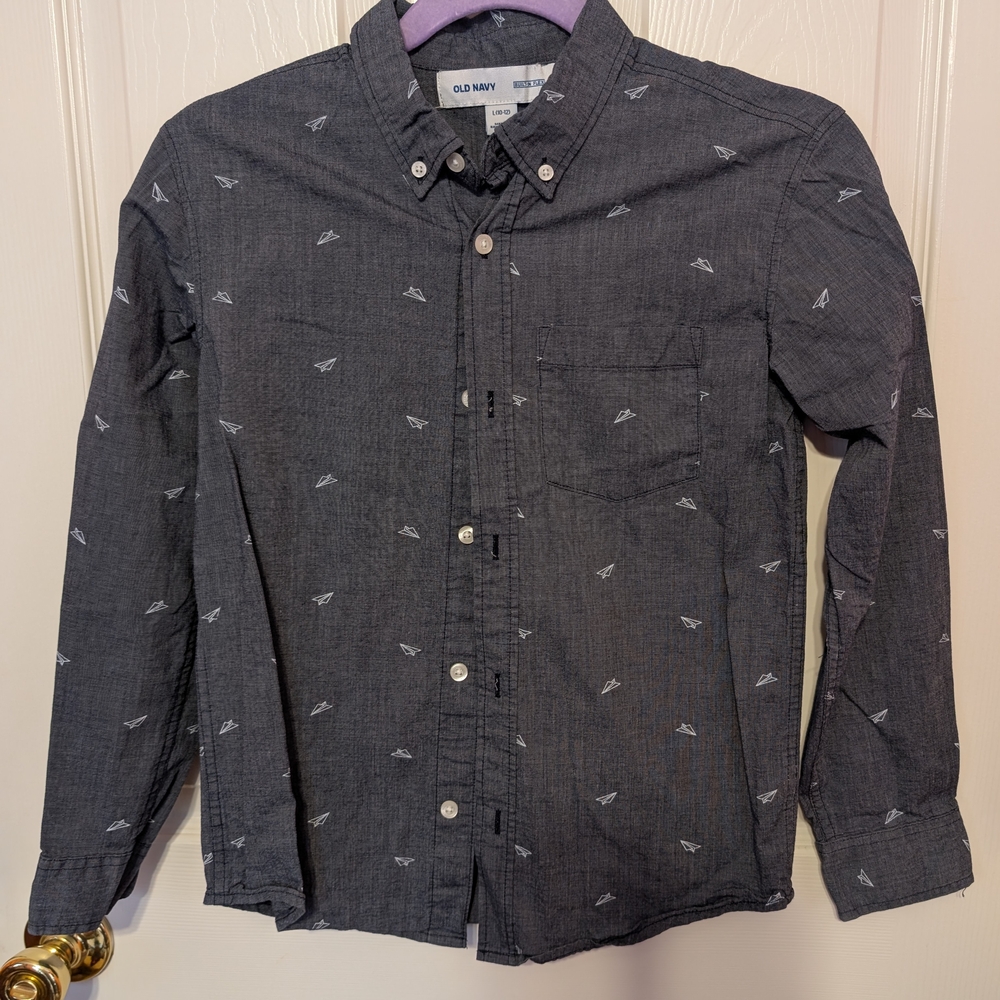 Old Navy Kids Boy's Button-Down Shirt, Charcoal, 10-12 L, EUC, Paper Planes
